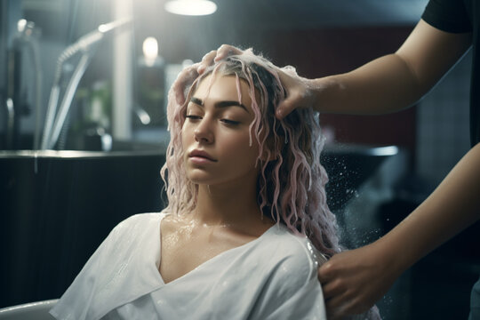 Hairdresser washing a woman's hair at a hair salon 