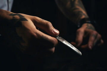 Hand of barber holding razor and shaving a client 