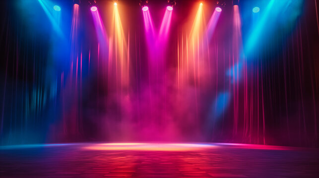 background with lights, Theater stage light background with spotlight illuminated the stage for opera performance. Stage lighting. Empty stage with bright colors backdrop decoration, Ai generated 