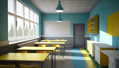 a modern classroom with beautiful colors