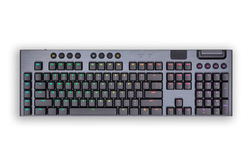 Brushed grey wireless gaming computer keyboard on white background.
