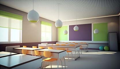 a modern classroom with beautiful colors