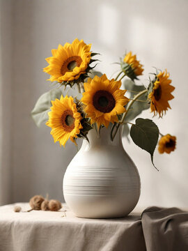Sunflowers in a white ceramic vase of natural light, digital painting. ai generative
