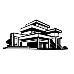Flat roof house or commercial building in continuous line art drawing style. Modern architecture black linear sketch isolated on white background. Vector illustration	
