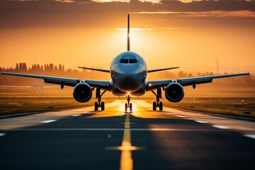 Scenic View of an Airplane on the Runway with the Sun Setting in the Background. Warm Light. Travel Concept.