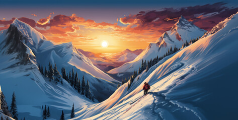 person skiing down a big snowy mountain alone, Hiker on top of mountain with sunset sky. 3D rendering
