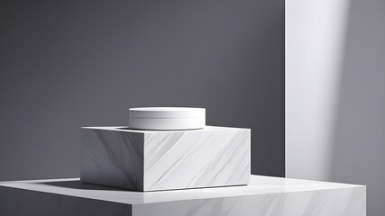 Marble white podium display for product presentation.