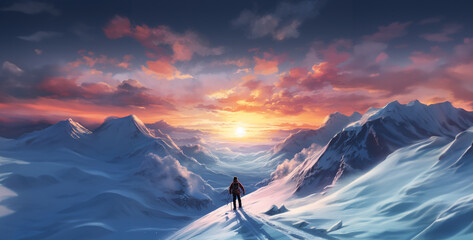 person skiing down a big snowy mountain alone, Hiker on top of mountain with sunset sky. 3D rendering