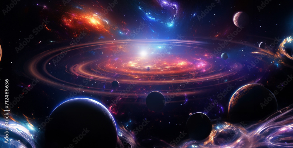 Poster fantasy space scene with planets, stars and nebula. 3d rendering, planets in space. solar system. co
