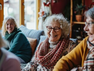 The senior Woman smiles and talks with a friend on sofa in the living room,Comfortable Talks: Elderly Friendship