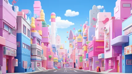 Gordijnen Vibrant Windows Vista in Pastel Cartoon Style: Modern Cityscape Illustration with Anime Art Influence, Perfect for Digital Design and Contemporary Compositions. © Sunanta