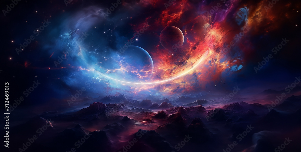 Poster fantasy space scene with planets, stars and nebula. 3d rendering, planets in space. solar system. co