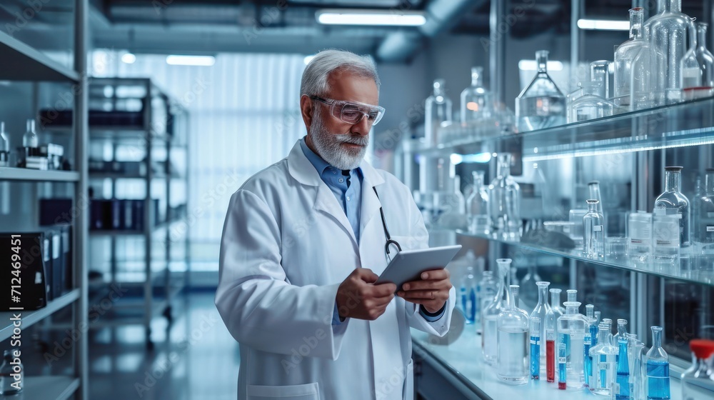 Aufkleber research scientist in lab coat holds tablet for laboratory research generative ai