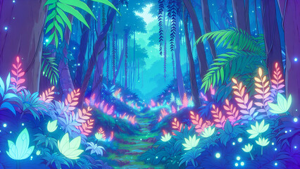 Fototapeta na wymiar Enchanted Twilight Forest: A Luminous Path Revealed