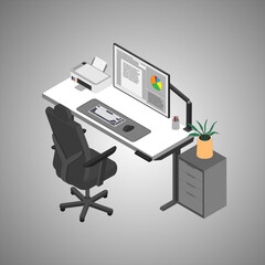 desktop setup for work office with isometric graphic