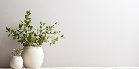 Neutral indoor setting with white empty table mockup and green eucalyptus branches in the background, perfect for showcasing organic or natural digital products.