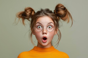 Photo of astonished little girl with funny ponytails floating in the air, she is surprised, her mouth open, banner with empty space, discount, sale, isolated monochrome background