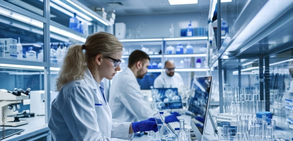 Poster research scientists conducting experiments in laboratory generative ai