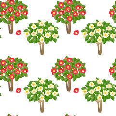 Seamless pattern of red and white camellia trees
