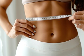 Woman measuring perfect shape of beautiful belly. Slim tanned woman's body. 