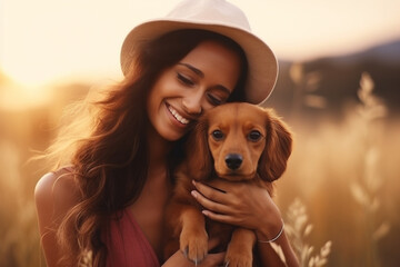 Happy young woman holding and playing with her dachshund dog 