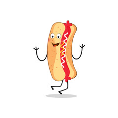 Hot Dog Cartoon mascot character. Food concept. Posters, menus, brochures, web, and icon fast food. illustration fast food. Funny hot dog, wiener, frankfurter character with eyes, legs.