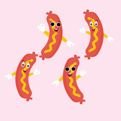 Obraz premium Hot Dog Cartoon mascot character. Food concept. Posters, menus, brochures, web, and icon fast food. illustration fast food. Funny hot dog, wiener, frankfurter character with eyes, legs.