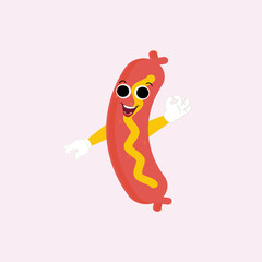 Hot Dog Cartoon mascot character. Food concept. Posters, menus, brochures, web, and icon fast food. illustration fast food. Funny hot dog, wiener, frankfurter character with eyes, legs.