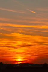 Sunset with overland high voltage lines near Aholming, Deggendorf, Bavaria, Germany