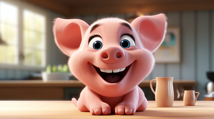 Cartoon 3d , A cute little pink pig , laughing cutely on a white background , Generate AI