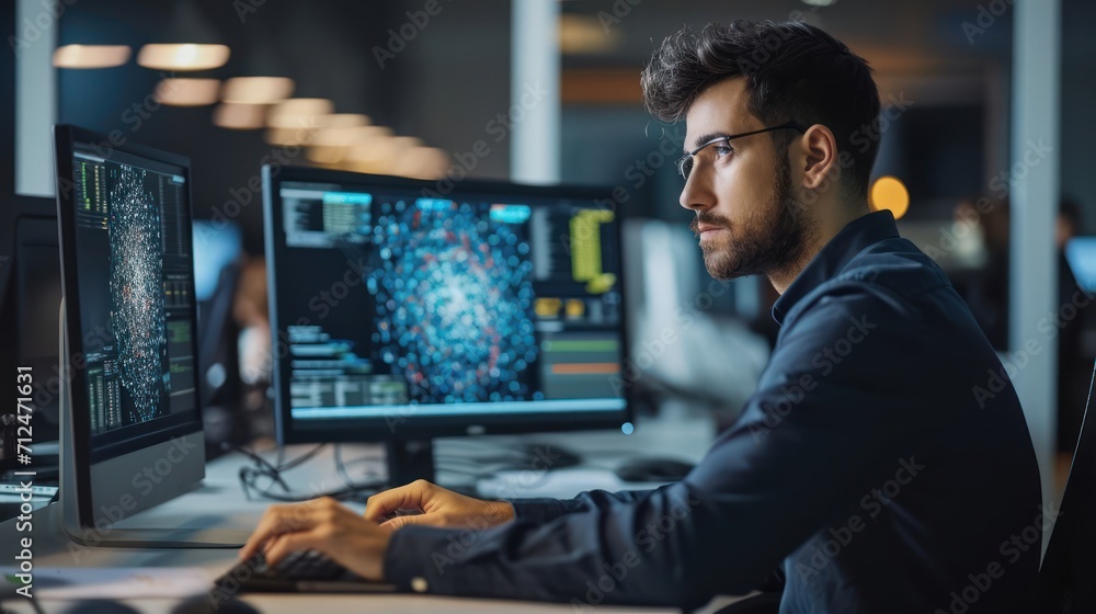 Poster engineer conducting tech research sitting in front of computer monitor generative ai