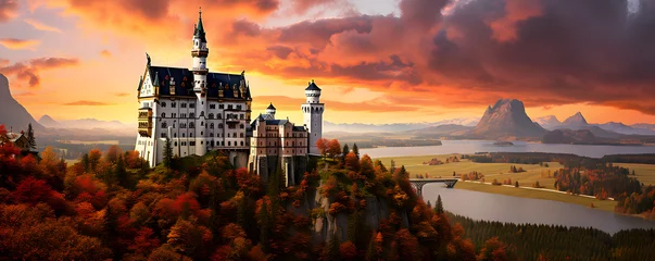 Foto op Plexiglas A beautiful castle on top of a mountain over the lake at  sunset © Huster
