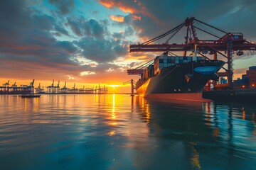 Cargo ship with crane loading container for import or export at terminal port.