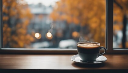Fototapeta premium Cup of hot autumn coffee or tea on the window. Living in Hygge style. Hot drink in cold autumn