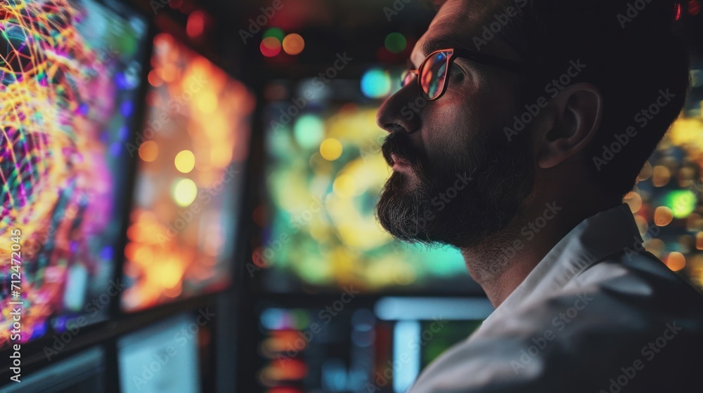 Poster engineer in glasses focused on computer screen for tech research generative ai