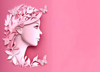 Paper style illustration of a woman's face with flowers and leaves on pink background, International 