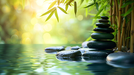 Harmonious, zen, yoga background with balance of stones, bamboo foliage and calm water and sunlight. Mental health and yoga and relaxation concept. copy space.