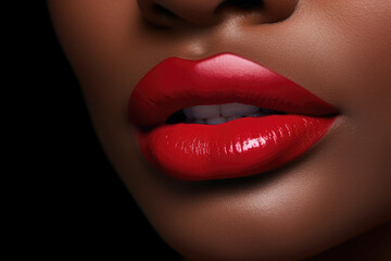 Close up view of beautiful black woman lips with red lipstick. Cosmetology, drugstore or fashion makeup concept.