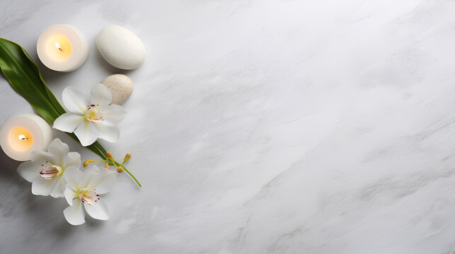 A minimalist luxury spa resort concept filled with light, accented by white orchids and candlelight, with ample space for advertising text on the white marble surface. top view.