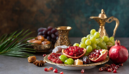 A vibrant display of fresh fruits and dates against a moody backdrop, symbolizing the breaking of fast during Ramadan.