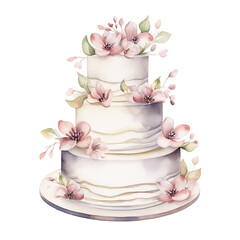 Watercolor delicate wedding cake with pink flowers isolated on white background.