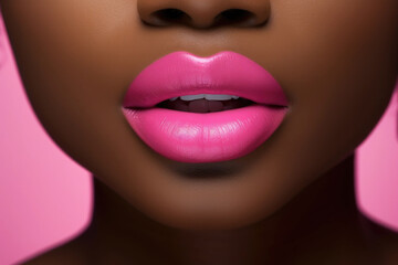Close up view of beautiful black woman lips with bright pink lipstick. Cosmetology, drugstore or fashion makeup concept.