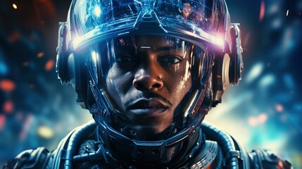 Close-up of a determined soldier wearing a high-tech helmet and combat suit, set against a dynamic, sci-fi inspired backdrop. generative ai
 - obrazy, fototapety, plakaty