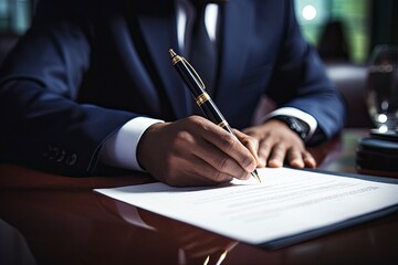 Close-up of a businessman's hand signing a contract with a luxury pen, representing professional commitment and agreement.generative ai
