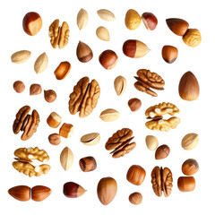 Pile of mixed organic nuts on transparent background