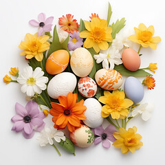 Obraz na płótnie Canvas Spring flowers and Easter eggs on a white background