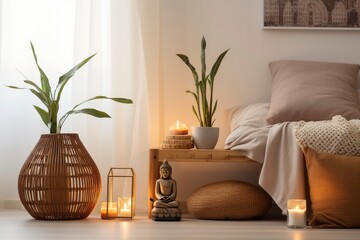 Serene Room With Bed, Pillows, Candles, and Buddha Statue