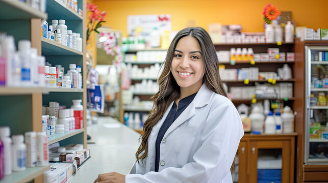A cheerful young female pharmacist stands confidently with crossed arms in a well-stocked pharmacy, ready to assist. generative ai
