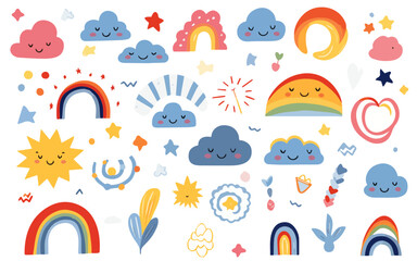 set of sky elements include rainbows blue clouds suns 