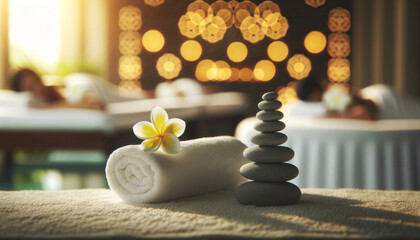Obraz na płótnie Canvas Soothing Spa Ambiance with Zen Stones and Plumeria